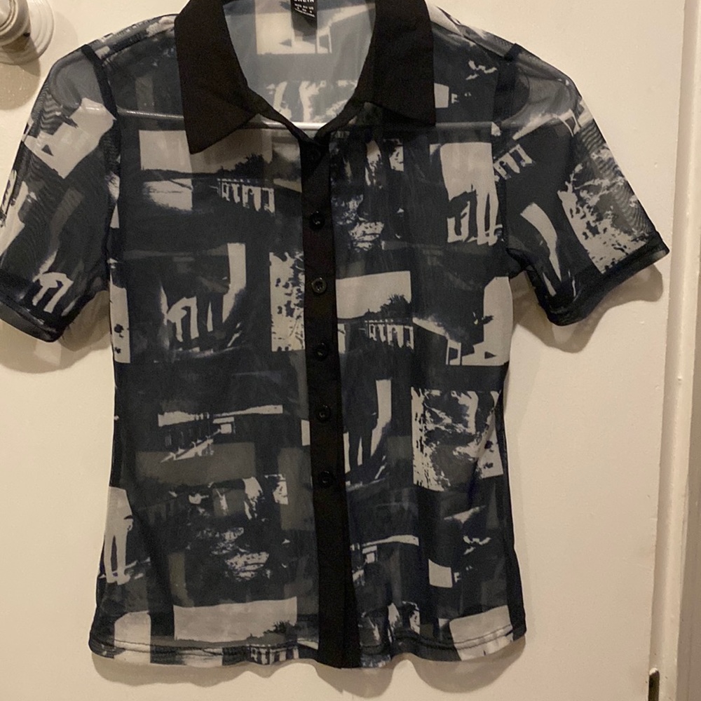 a dark blue mesh top